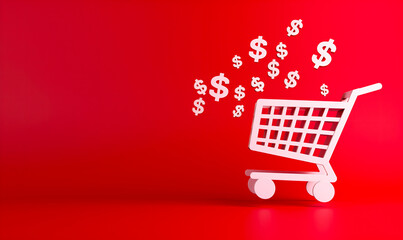 Marketing e-commerce and retail theme shopping cart with flying dollar icons, online shopping and consumerism.
