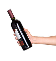 Hand hold black wine bottle isolated on transparent layered background.