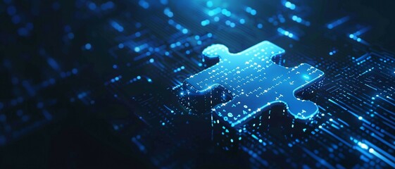 digital blue jigsaw puzzle with glowing data streams, ai in puzzle-solving algorithms, pattern recognition techniques, cognitive training applications, Creativity and Innovation.
