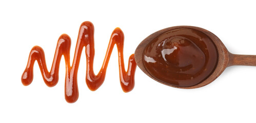 Tasty barbecue sauce and spoon isolated on white, top view