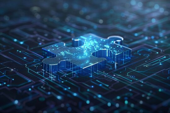 digital blue jigsaw puzzle with glowing data streams, ai in puzzle-solving algorithms, pattern recognition techniques, cognitive training applications, Creativity and Innovation.
