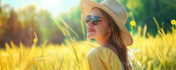smiling woman wearing a straw hat and reflective yellow sunglasses surrounded by flowers.