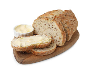 Tasty bread with butter on white background