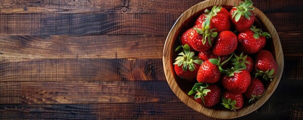Beautifully arranged ripe strawberries in a rustic bowl on a wooden table, depicting healthy and natural food.