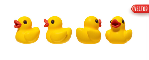 Set of Yellow Rubber Duck in realistic 3d Cartoon style. vector illustration