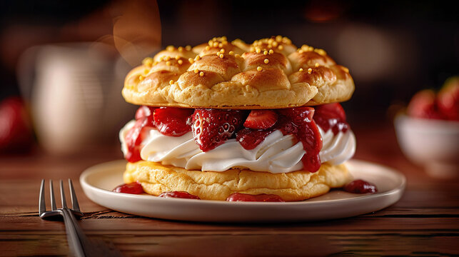   A strawberry shortcake sandwich rests atop a white plate beside a fork and cup of coffee