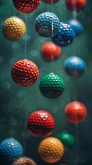 A bunch of golf balls hanging from strings in a group, AI