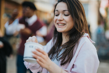 Urban lifestyle capture of a young woman holding a takeaway coffee cup in a busy city environment.