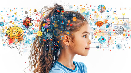 A girl with a ponytail is looking at a colorful brain diagram. Concept of learning and the importance of education. The girl's smile suggests that she is excited about the subject matter