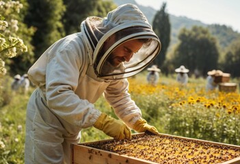 A beekeeper tends to beehives amidst a field of flowers. Care and attention in apiary work. - Powered by Adobe