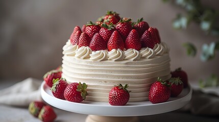Festive cake with white cream and fresh strawberries.