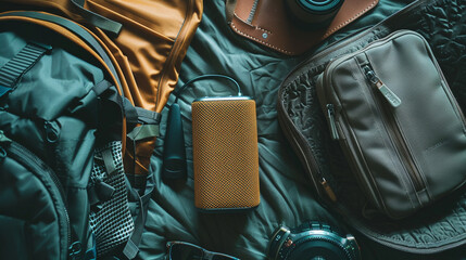 Travel Speaker A travel-inspired photograph featuring a portable speaker tucked into a backpack...