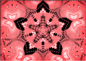 Abstract, shades of pink and red create an intricate kaleidoscopic pattern with a complex six-pointed star-like figure, within a border