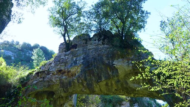 Landscape around the natural stone Arch of Jentilzubi in Dima in the Province of Bizkaia. Basque Country. Spain. Europe