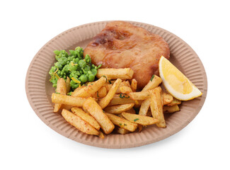Tasty fish, chips, peas and lemon isolated on white