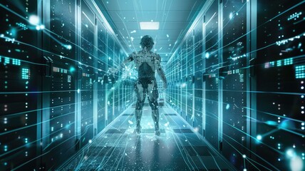 Visualize an AI standing in a stance of power, absorbing the intelligence and data from a fragmented AI entity, set in a server room that pulses with energy
