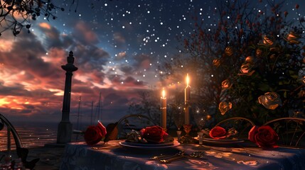 A candlelit dinner for two under a star-studded sky, with a table adorned with roses and fine china.