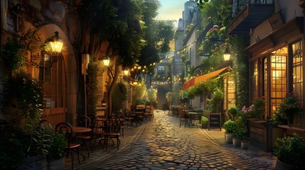 A charming European-style cobblestone street, lined with quaint cafes and illuminated by vintage...