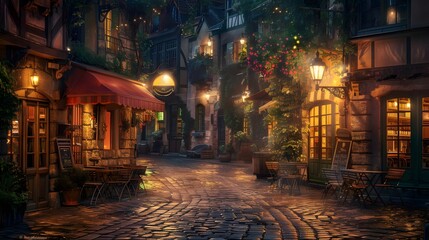 A charming European-style cobblestone street, lined with quaint cafes and illuminated by vintage...