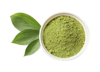 Henna powder in bowl and green leaves isolated on white, top view