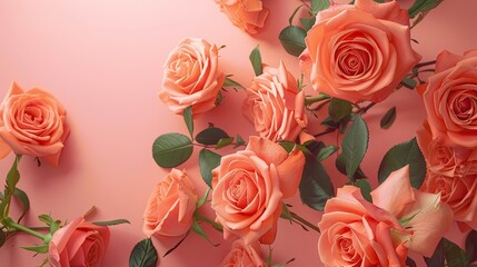 Celebrate Mother s Day in style with a stunning flat lay greeting card featuring exquisite coral hue roses set against a soft pastel pink background
