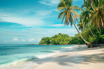 Wild tropical beach with coconut trees and other vegetation, white sand beach, Caribbean Sea, Panama