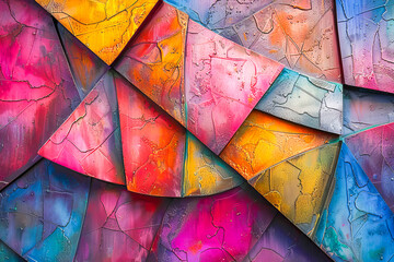 Abstract of layered geometric shapes with vibrant colors and textured surfaces