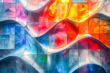 Vibrant layers of translucent geometric shapes creating a dynamic, textured mosaic