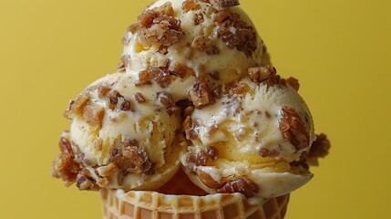  Three scoops of ice cream in a waffle cone with pecans and nuts - obrazy, fototapety, plakaty