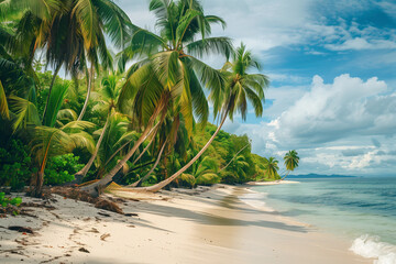 Wild tropical beach with coconut trees and other vegetation, white sand beach, Caribbean Sea, Panama