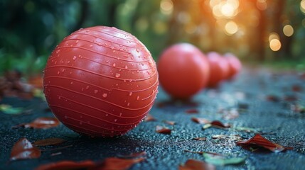 Row of Red Balls on Road. Generative AI