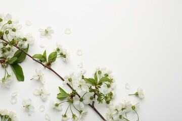Spring tree branch with beautiful blossoms and petals on white background, flat lay. Space for text