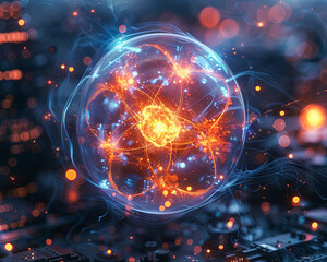 A glowing sphere with a bright orange center. The sphere is surrounded by a blue background