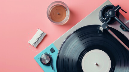 Vinyl Record Cleaning Kit A vinyl record cleaning kit displayed next to a turntable, comprising a record brush, cleaning solution, and stylus brush, essential tools for maintaining