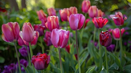 Vibrant tulips pop against the lush green backdrop of the garden