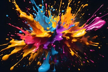 A vivid and photorealistic burst of colorful paint explodes into the air, defying gravity in a mesmerizing display of dynamic energy and vibrant hues.