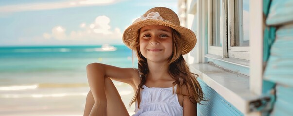 Young girl in a summer dress and straw hat leaning on a beach balcony railing, looking relaxed.