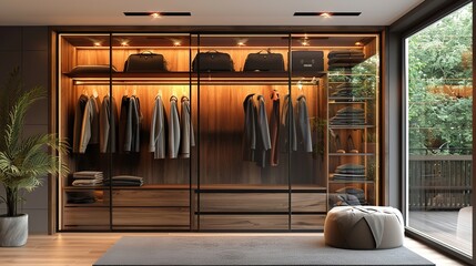 Wooden wardrobe with glass sliding doors in minimalist style interior design of modern bedroom. - obrazy, fototapety, plakaty