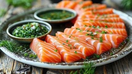  A plate of raw salmon accompanied by chives and a small bowl of chives