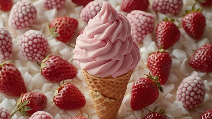   A pink ice cream cone atop white marshmallows with strawberries nearby