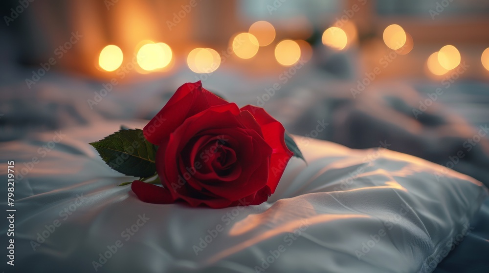 Canvas Prints A single red rose sitting on a pillow in front of lights, AI