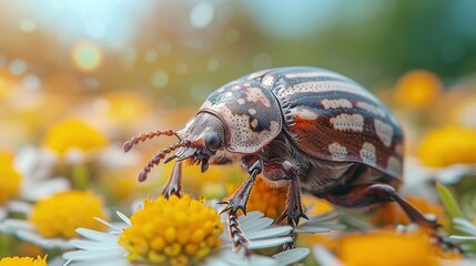   A close-up of a beetle on a flower with a blurred background of yellow and white flowers
