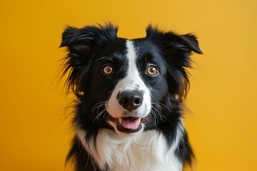 A black and white dog with a yellow background looking at the camera with a smile on his face and
