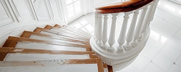 elegant spiraling staircase with beautifully crafted wooden steps and white details