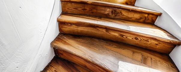 Polished wooden stairs with a white backdrop.