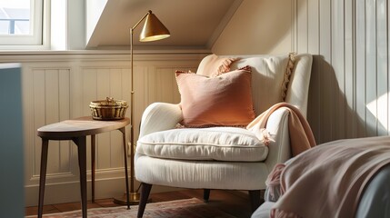 A cozy pastel reading nook tucked away in a corner, furnished with an overstuffed armchair and a side table topped with a vintage brass lamp.