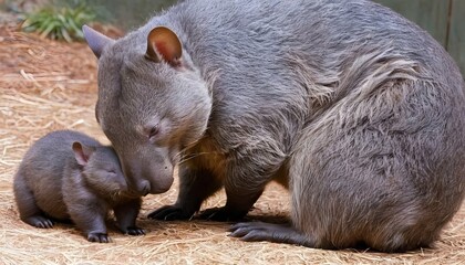 A Mother Wombat Grooming Her Babys Fur
