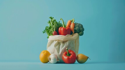 A shopping bag filled with fresh vegetables demonstrates a healthy lifestyle. A bag made of environmentally friendly material on a colored background.