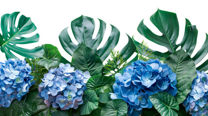 A bouquet of flowers with blue flowers and green leaves