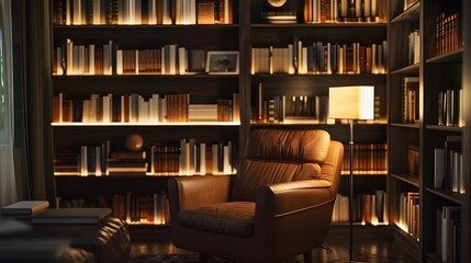 A cozy reading nook in a minimalist luxury room, featuring a sleek bookshelf filled with leather-bound classics and modern literature, bathed in soft lamplight.